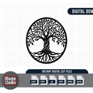 Op de afbeelding: Zwart levensboomontwerp in een cirkelvormige lijst. De afbeelding is een digitale download, met bestandsformaten zoals DXF, PDF, AI, EPS, PNG en SVG. Het ontwerp is gelabeld "Made by ZaiBii."