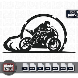 Op de afbeelding: Zwart silhouet van een motorracer op een racemotor, binnen een cirkelvormig ontwerp. De afbeelding bevat de tekst "DIGITALE DOWNLOAD" en pictogrammen voor bestandstypen. Het logo "Made by ZaiBii" is ook aanwezig.