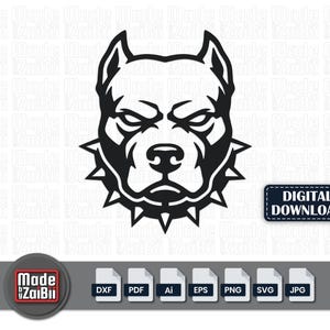 May include: A black and white graphic of a pit bull's head, with a spiked collar and a stern expression. The words "DIGITAL DOWNLOAD" are in a blue rectangle. Below are file type icons and the text "Made by ZaiBii".