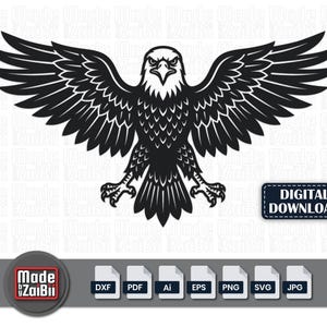May include: A black and white graphic of an eagle with outstretched wings. The eagle is detailed with feathers and talons. The image includes the text "DIGITAL DOWNLOAD" and file type icons. The logo "Made by ZaiBii" is also present.