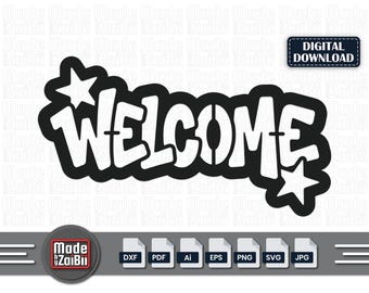 Welcome Sign SVG DXF Cut File, Welcome Word Vector with Stars for Laser Cutting, CNC Plasma Template, Metal Sign Design, Cricut File