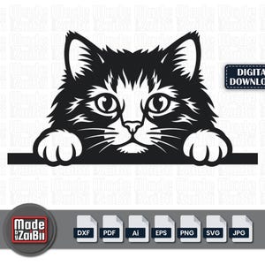 May include: Black and white cat illustration with the text "DIGITAL DOWNLOAD". The cat's head and paws are visible, with a horizontal line below. The image includes file type icons and the text "Made by ZaiBii".