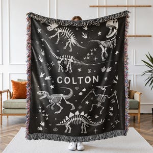 Personalized Dinosaur Woven Blanket Dinosaur Nursery Baby Blanket T-Rex Brachiosaurus Triceratops Dino Gifts Dinosaur 1st Birthday Fossil