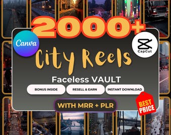 Puede incluir: Un anuncio de producto digital que presenta una colección de más de 2000 videos de paisajes urbanos. La imagen muestra el texto 2000+ City Reels Faceless VAULT, logotipos de Canva y CapCut, y etiquetas de contenido extra, reventa y descarga.