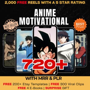 Puede incluir: Un anuncio de contenido motivacional de anime. La imagen presenta varios teléfonos inteligentes que muestran personajes de anime, con el texto "ANIME MOTIVATIONAL" y "720+". El texto adicional incluye "FREE REELS" y "BEST SELLER".