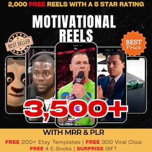 May include: Promotional image for "Motivational Reels" featuring multiple smartphone screens displaying video content. The image includes the text "3,500+" and "2,000 FREE REELS WITH A 5 STAR RATING". Additional text promotes free templates, clips, e-books, and a surprise gift.