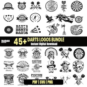Może przedstawiać: Kolekcja ponad 45 czarno-białych logo do darta. Logo przedstawiają różne wzory, w tym tarcze do darta, rzutki, czaszki i inne powiązane obrazy. Tekst zawiera "DARTS LOGOS BUNDLE" i "Instant Digital Download".