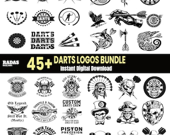 Puede incluir: Una colección de más de 45 logotipos de dardos en blanco y negro. Los logotipos presentan varios diseños, incluyendo dianas, dardos, calaveras y otras imágenes relacionadas. El texto incluye "DARTS LOGOS BUNDLE" y "Instant Digital Download".