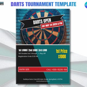 Darts Tournament Flyer Template , Instant Download PDF,  Editable Poster for Game Night or Dart Club