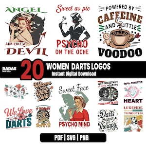 May include: A collection of 20 women's darts logos in various designs. The logos feature retro-style illustrations with text like "Angel," "Psycho," and "Powered by Caffeine." The image includes the text "Women Darts Logos" and file type options.