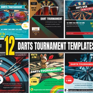 12x Bundle Printable Darts Tournament Flyers | PDF |  Instant Download Event Poster for Bar or Club, Canva Edit