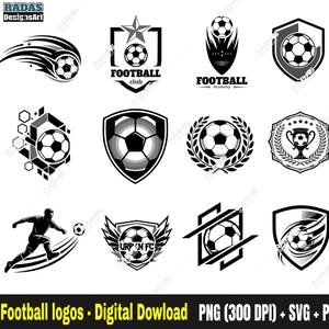 Puede incluir: Una colección de 12 logotipos de fútbol en blanco y negro. Los diseños incluyen balones de fútbol con alas, estrellas, escudos y formas geométricas. El texto incluye "Football Club", "Football Academy" y "URPEN FC". La imagen también incluye el texto "12 Football logos - Digital Download".