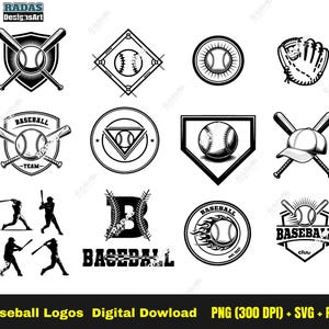 Op de afbeelding: Collectie honkbal-thema logo's in zwart en wit. Ontwerpen omvatten honkballen, knuppels, handschoenen en teamemblemen. Tekst bevat "Baseball Logos", "Digital Download" en bestandsinfo.
