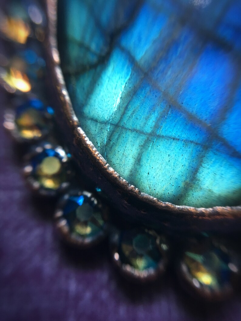 Dark Mori Goth Grunge Rainbow Gemstone Crystal Witch Jewelry Evening Star Amulet Blue Labradorite Necklace in Electroformed Copper
