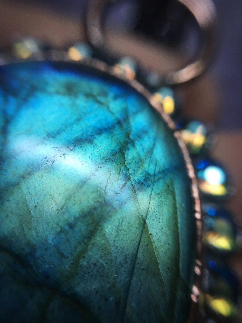 Dark Mori Goth Grunge Rainbow Gemstone Crystal Witch Jewelry Evening Star Amulet Blue Labradorite Necklace in Electroformed Copper