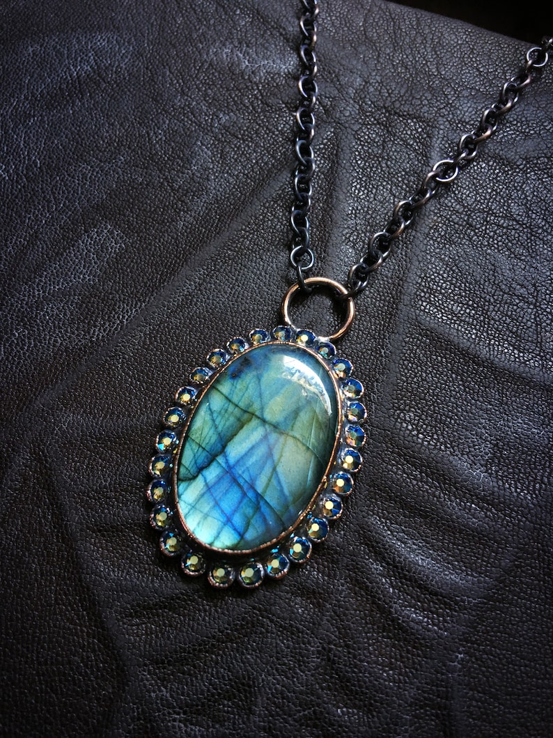Dark Mori Goth Grunge Rainbow Gemstone Crystal Witch Jewelry Evening Star Amulet Blue Labradorite Necklace in Electroformed Copper