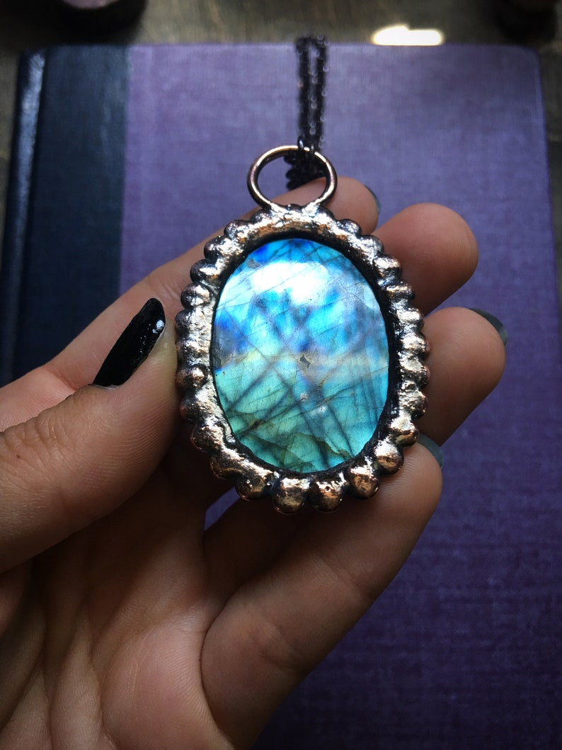 Dark Mori Goth Grunge Rainbow Gemstone Crystal Witch Jewelry Evening Star Amulet Blue Labradorite Necklace in Electroformed Copper