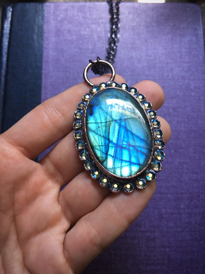 Dark Mori Goth Grunge Rainbow Gemstone Crystal Witch Jewelry Evening Star Amulet Blue Labradorite Necklace in Electroformed Copper