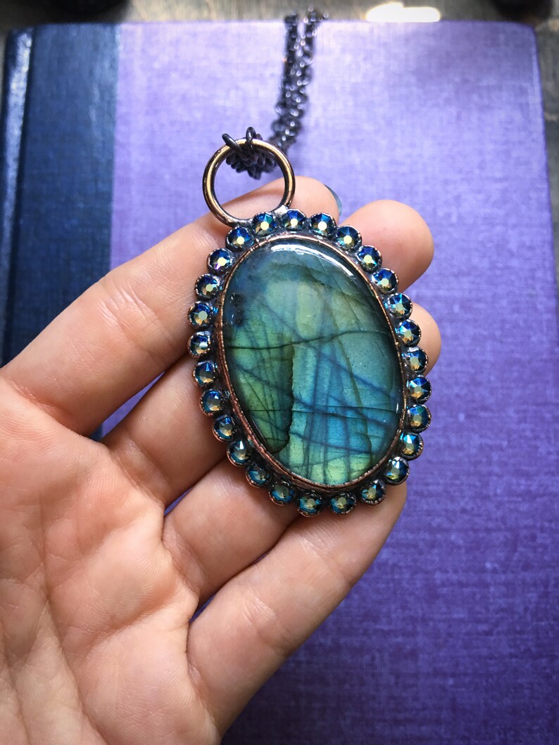 Dark Mori Goth Grunge Rainbow Gemstone Crystal Witch Jewelry Evening Star Amulet Blue Labradorite Necklace in Electroformed Copper