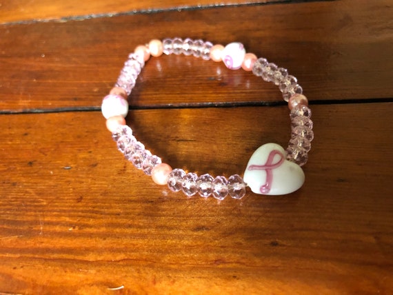 Pink breast cancer awareness beaded bracelet pink… - image 1