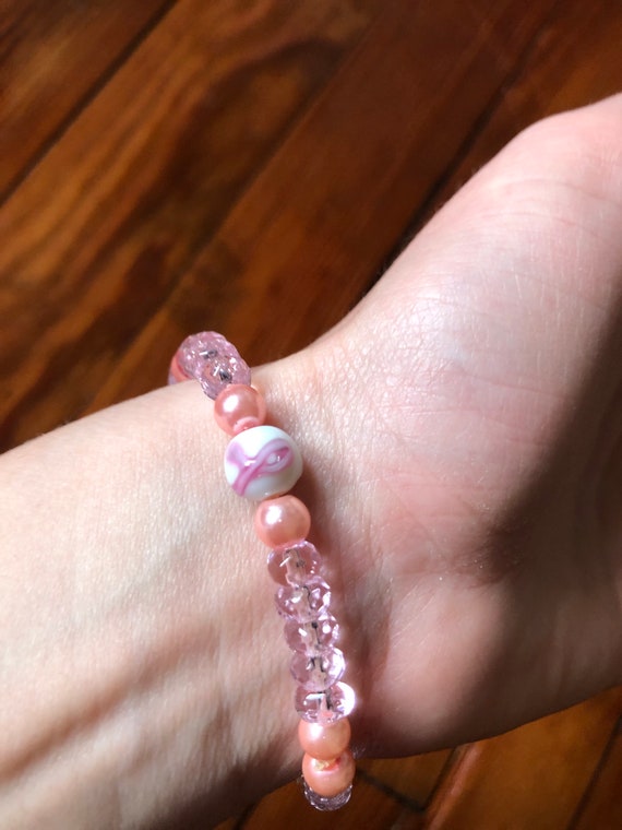 Pink breast cancer awareness beaded bracelet pink… - image 5