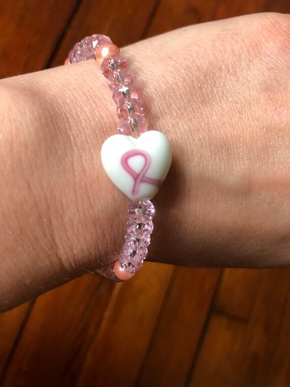 Pink breast cancer awareness beaded bracelet pink… - image 3