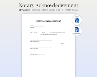 Notary Acknowledgement Form | Printable Notary Letter & Notarization Template | Editable Notary Public Document | Digital Download