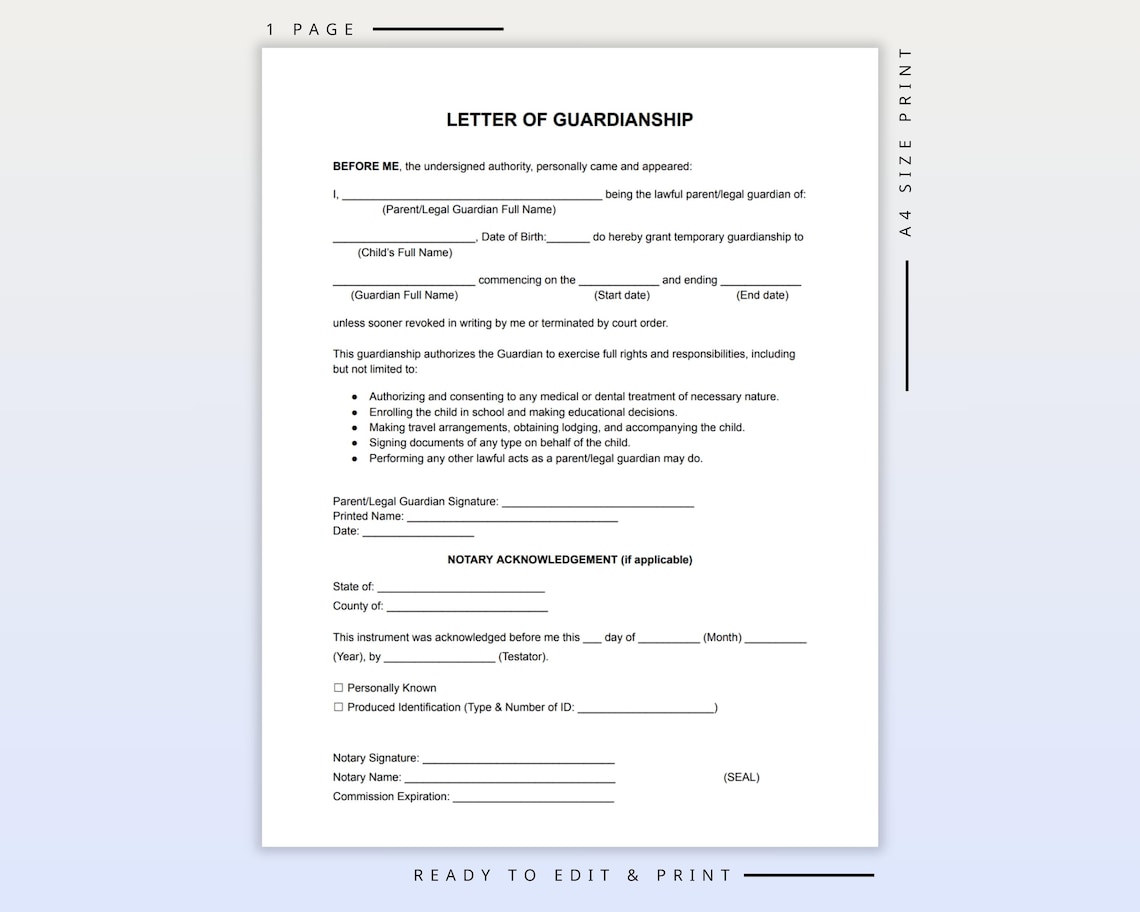 Letter of Guardianship Template Editable Legal Custody Form Notary