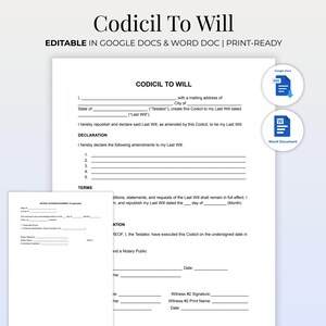 May include: A white document titled "Codicil To Will" with fillable fields for legal information. The document includes sections for declaration, terms, and signatures. The image also shows Google Docs and Word Doc icons.