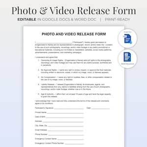 Könnte beinhalten: Ein weißes Foto- und Video-Freigabeformular mit dem Text "EDITABLE IN GOOGLE DOCS & WORD DOC | PRINT-READY". Das Formular enthält Abschnitte für Teilnehmerinformationen und Zustimmung, mit Google Docs- und Word Doc-Symbolen.