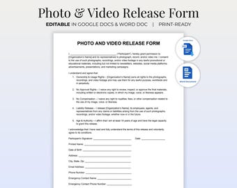 Photo & Video Release Form Template | Editable Media Consent Form | Legal Release Document | Google Docs and Word | Digital Download