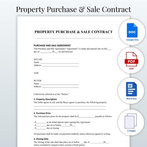 Könnte beinhalten: Ein weißes Dokument mit dem Titel "Immobilienkauf- und -verkaufsvertrag" mit Abschnitten für Verkäufer, Käufer und Immobiliendetails. Symbole für Google Doc, PDF, Word Doc und 2 Seiten befinden sich auf der rechten Seite.