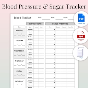 Puede incluir: Un rastreador imprimible de presión arterial y azúcar con el título "Blood Pressure & Sugar Tracker". El rastreador incluye secciones para el azúcar en sangre, la presión arterial y las entradas diarias de lunes a sábado. La imagen también incluye iconos para Google Doc, PDF y 1 página.