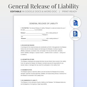 General Release of Liability Template | Editable Waiver, Indemnity & Hold Harmless Agreement | Word + Google Docs | Informed Consent Form