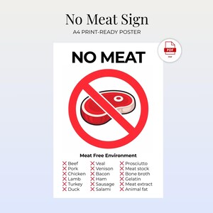 May include: A4 print-ready poster with the words "No Meat" in bold black letters. A red circle with a line through it surrounds a cartoon steak. Below, a list of meats and meat products are crossed out.