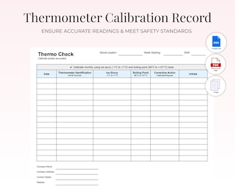 Thermometer Calibration Log | Thermo Check Sheet | Ice Slurry & Boiling Point Record | Food Safety Template | Printable + Editable