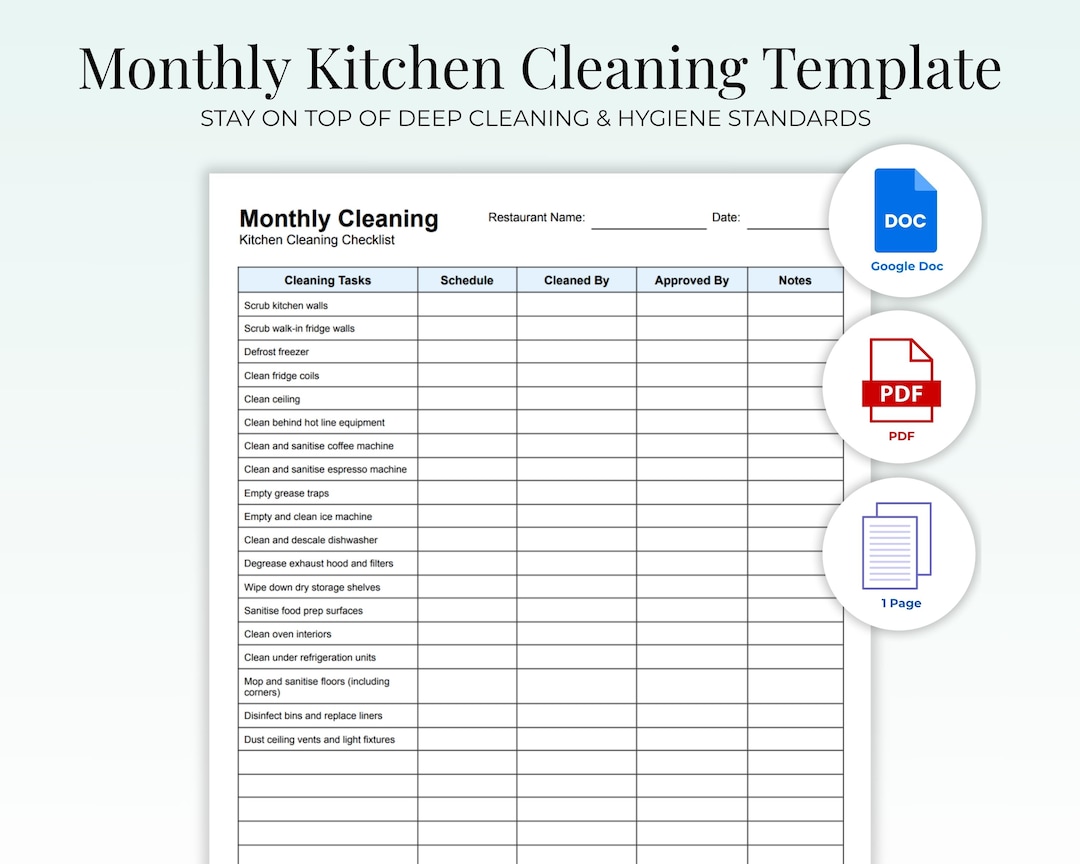 Monthly Kitchen Cleaning Checklist | Restaurant Deep Clean Log Template ...
