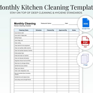 May include: A white kitchen cleaning checklist template with the title "Monthly Kitchen Cleaning Template" at the top. The checklist includes cleaning tasks, schedule, and approval sections. Icons for Google Doc, PDF, and 1 Page are on the right.