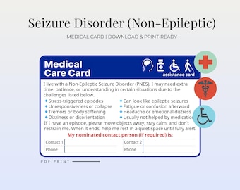 Seizure Disorder Assistance Card – Non-Epileptic Seizure Support Card | Printable Disability Care Wallet Card for Safety & Communication PDF