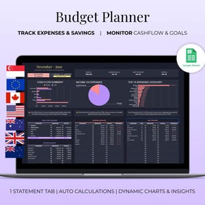 May include: A laptop screen displaying a budget planner interface. The screen shows charts, tables, and the text "Budget Planner." The text "TRACK EXPENSES & SAVINGS | MONITOR CASHFLOW & GOALS" is displayed above the screen. The text "1 STATEMENT TAB | AUTO CALCULATIONS | DYNAMIC CHARTS & INSIGHTS" is displayed below the screen.