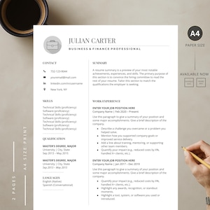 May include: A professional resume template with the name "Julian Carter" at the top. The resume is on A4 paper size and includes sections for contact information, skills, qualifications, and work experience. A hand with a watch is holding a pencil.