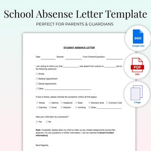 Studenten Absage Brief Vorlage | Bearbeitbarer Schulkrankbrief für Eltern | Druckbare PDF | Universalformat für USA, Canada, Australien