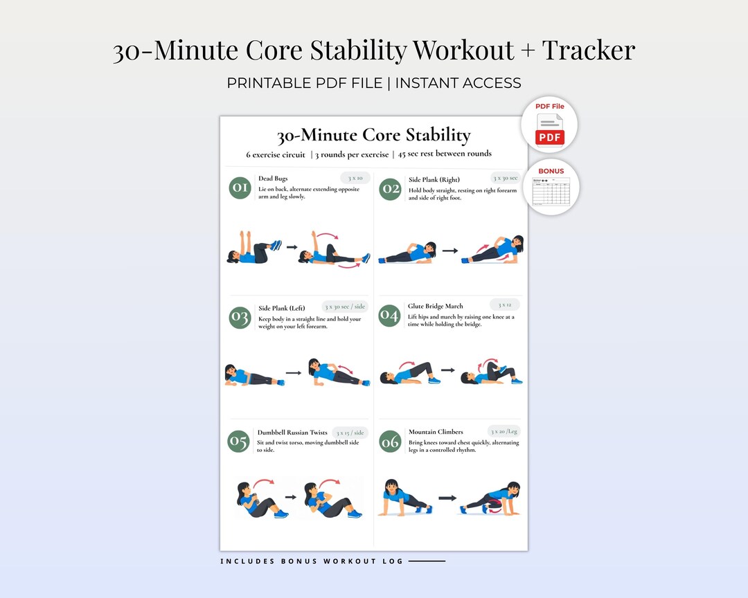 Core Stability Daily Routine 30 Minute Core Stability Workout PDF for Women | Printable Core ...