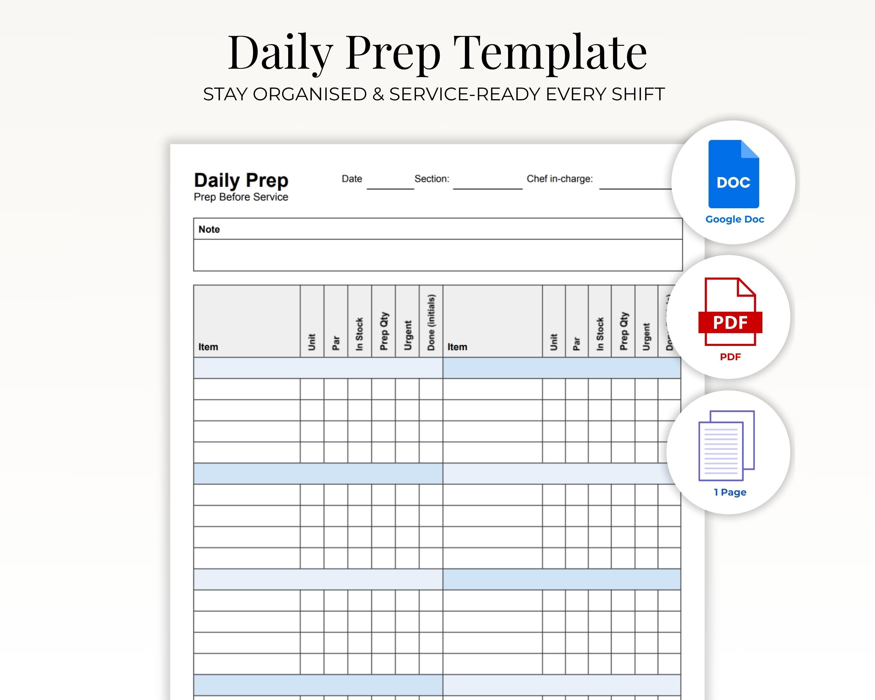 Daily Kitchen Prep Sheet | Editable Chef Checklist PDF | Restaurant Par ...