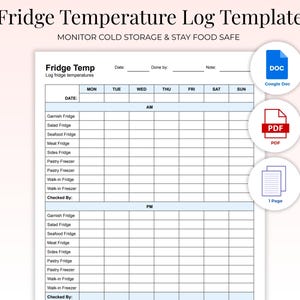 Kyltemperaturlogg | Veckovis kyl- och frysrapport förmiddag/eftermiddag | HACCP-mall för restauranger i PDF-format | Utskrivbar och redigerbar