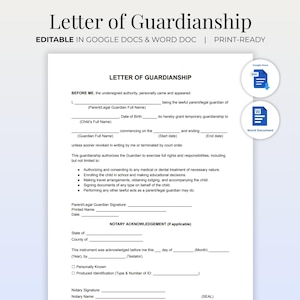 May include: A printable Letter of Guardianship template on white paper. The document includes fillable fields for names, dates, and signatures. The text "EDITABLE IN GOOGLE DOCS & WORD DOC | PRINT-READY" is at the top. Icons for Google Docs and Word Document are on the right.