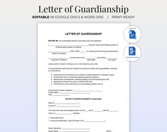 May include: A printable Letter of Guardianship template on white paper. The document includes fillable fields for names, dates, and signatures. The text "EDITABLE IN GOOGLE DOCS & WORD DOC | PRINT-READY" is at the top. Icons for Google Docs and Word Document are on the right.