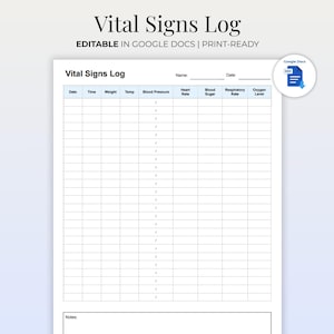 Printable Vital Signs Log | Medical Health Tracker | Blood Pressure, Heart Rate & Oxygen Log Sheet | Editable Google Docs Template