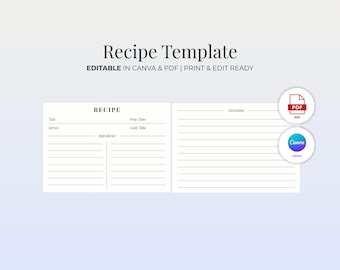 Bewerkbare sjabloon receptkaart Canva + pdf | Afdrukbaar receptenblad | Eenvoudige kookkaart, keukencadeau, receptenplanner