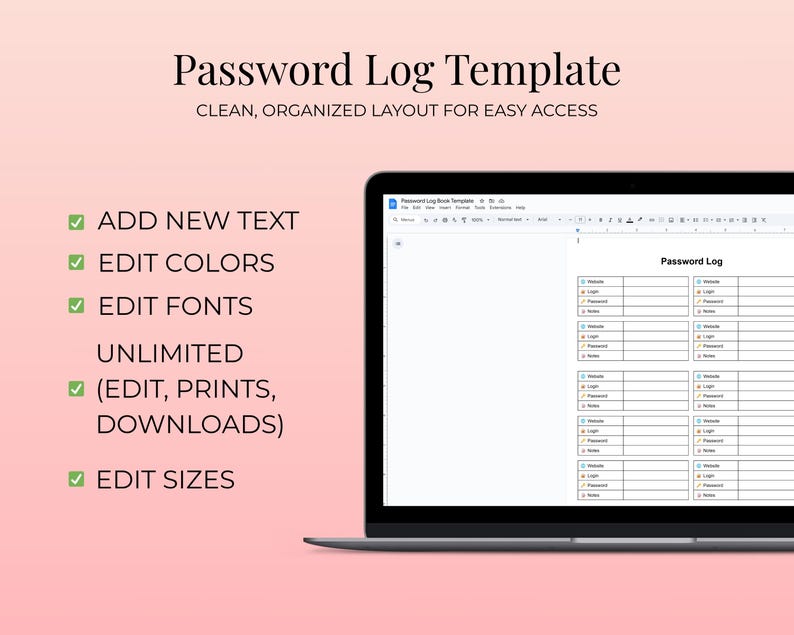 Password Log Template Editable & Printable | A4 Password Tracker PDF ...